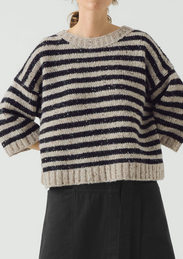 Stripe Donegal Short Sleeve Sweater | Soft Black/Oatmeal